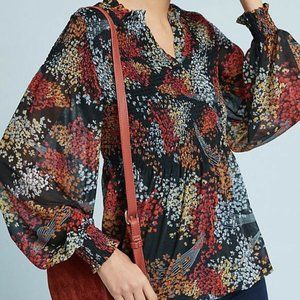 Anthropologie Akemi + Kin Adria Black Smocked Chiffon Floral Blouse Size S EUC